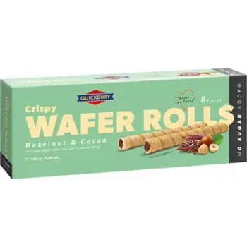 Vaflové trubičky QUICKBURY 140 g BEZ PŘIDANÉHO CUKRU - lískooříškové (oplatkové trubičky / bez přidaného cukru / 8 ks trubiček)