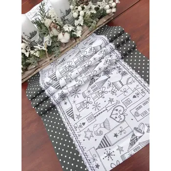 ubrus Běhoun vánoční - šedá vánoční vesnička v kombinaci s bílým puntíkem na šedé