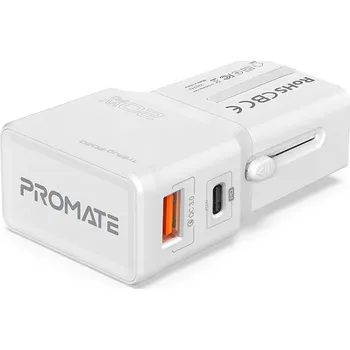 Datový kabel 20W Cestovní adaptér / nabíječka PROMATE - EU / UK / USA / CN - USB-A + USB-C - bílá