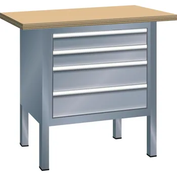 Dílenský stůl Pracovní stůl Lista, š 1000 mm, buková pracovní deska, 4 zásuvky, šedá metalíza