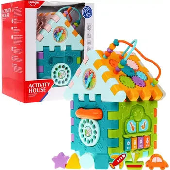 Hračka pro nejmenší Skládací senzomotorický multidomek pro děti 18m+ s mini hrami, 9 puzzly, třídiči tvarů, provlékáním a hodinami
