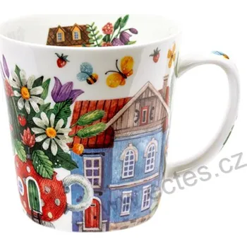 SUMMER HOUSES velký porcelánový mega hrnek barevné domy a rozkvetlé květiny s motýlky a včelkami