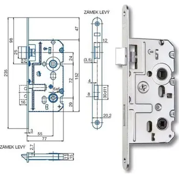 zadlabací zámek K222 - Zadlabací zámek WC, jednozápadový (pravý WC/72/55/77/6 ZB / 30ks)