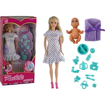 Panenka LEANToys Těhotná v puntíkových bílých šatech s doplňky