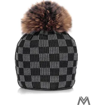 Čepice Dámská čepice se šachovnicovým vzorem s pravou bambulí MAGNUS - šedo černá, VELIKOST UNI