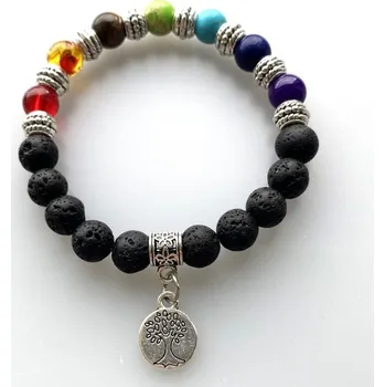 Náramek Lávový náramek s broušenými čakrovými kameny a stromem života