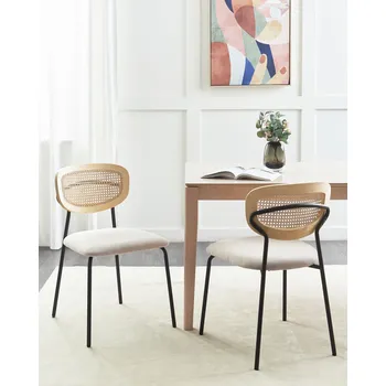 Jídelní židle Sada 2 jídelních židlí světle béžové polyesterové čalounění přírodní ratan s vídeňským výpletem černé kovové nohy bez područek Beliani