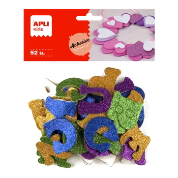 Set školních potřeb APLI pěnovka tvarová - abeceda se třpytkami, samolepicí, mix velikostí a barev