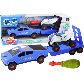 autíčko Dětská policejní sada auto s quadem a přívěsem DIY, modrá