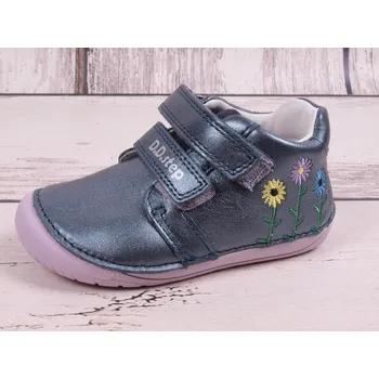 Dívčí polobotky D.D.step Celoroční boty obuv D.D. step S070-42771A BAREFOOT kožené šedomodrá s fialkovou s kytičkami velikost: 22