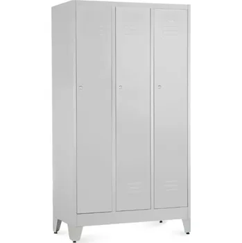 Šatní skříň Kovová šatní skříňka - 3 oddíly, 90 x 50 x 161,5 cm, nastavitelné nožky, cylindrický zámek, světle šedá - ral 7035