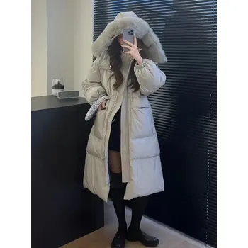 Dámská bunda Dlouhá péřovka zimní bunda s kožíškem Barva: Šedá, Velikost: ONE SIZE