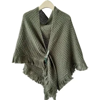 Šála Zimní pletený šál s koženou sponou | elegantní teplý šátek - vojenská zelená