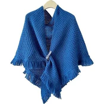 Šála Zimní pletený šál s koženou sponou | elegantní teplý šátek - modrý