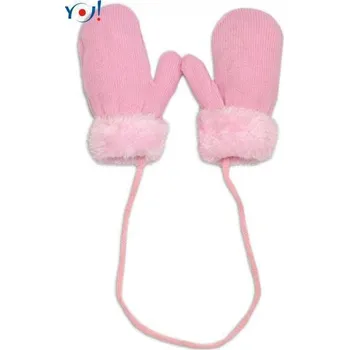 Rukavice YO! Zimní kojenecké rukavičky s kožíškem se šňůrko - sv. růžové/růžový kožíšek YO Vel. 110