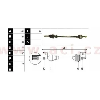 poloosa AVORD délka 852 mm, 21 drážek u kola, 22 drážek u převodovky (převodovka MA77), P, repasovaný originál (+vratná část 59