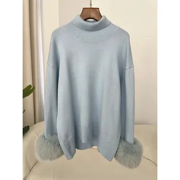 Pletený svetr rolák s pravou kožešinou Barva: Modrá, Velikost: ONE SIZE