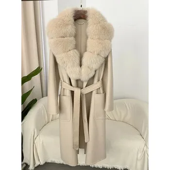 Luxusní dámský kabát 100% vlna + límec z pravé liščí kožešiny Barva: Béžová, Velikost: S