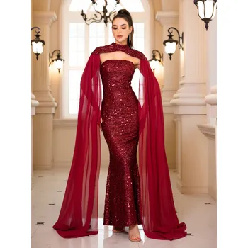 Dámské šaty Třpytivé dlouhé šaty se šifonovými rukávy Barva: Červená, Velikost: S