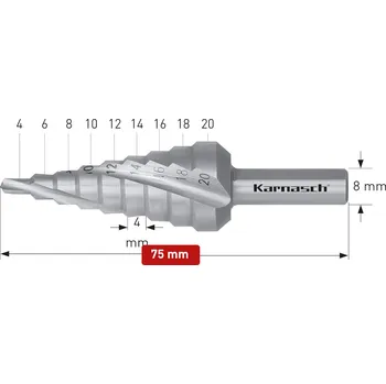 Vrták Karnasch 213005 | Stupňovitý vrták CBN broušený, 3 řezné hrany průměr 4-20 mm, max. hloubka řezání 4 mm