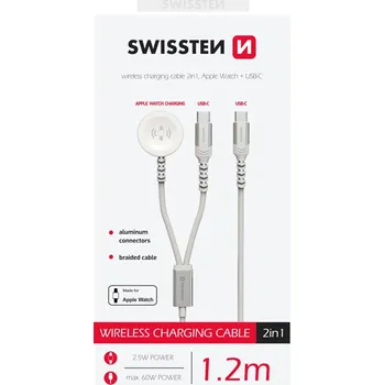 Datový kabel Swissten Magnetický nabíjecí kabel 2v1 - USB-C / Apple Watch + USB-C - 1,2m - tkanička - bílý