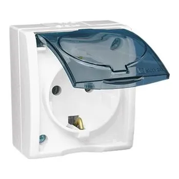 Elektrická zásuvka Simon AQGSZ1/11A Jednotná kolíková zásuvka s uzemněním typu Schuko - ve verzi IP54 - klapka v transparentní barvě bílá 16A