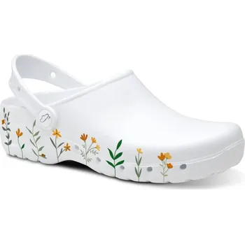 Pracovní obuv Doctor in uniforma zdravotnické nazouvací pantofle bílé s potiskem kytek