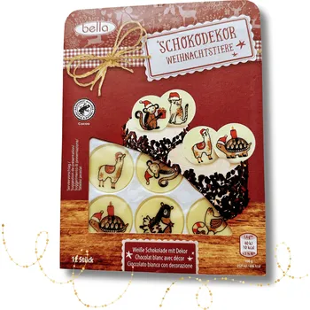Jedlá dekorace na dort Bella Vánoční čokoládové dekorace bílé s potiskem 12 ks zvířátka