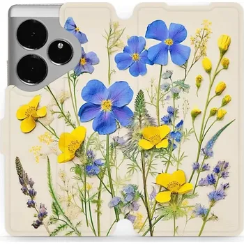 Pouzdro na mobilní telefon Flipové pouzdro Mobiwear - Realme GT 6 5G - VP41S Modré a žluté kvítky (Knížkové flip pouzdro, obal, kryt na mobil Realme GT 6 5G - VP41S Modré a žluté kvítky, materiál Umělá kůže + TPU - ochrana 360°, stojánek, silikonová vanička, magnetické zavírání)