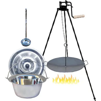 Kempingové nádobí Nerezový kotlík 22 L (0,8 mm) + železná pánev na grilování a stojan s pojistnou kladkou VAR