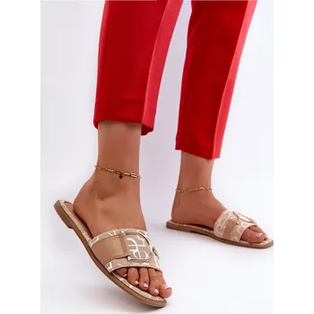 Dámské pantofle Lesklé dámské žabky s ozdobou Taleci Barva: Béžová, Velikost: 38