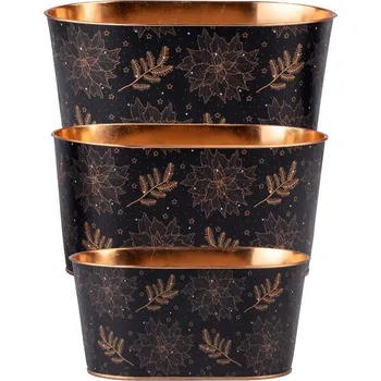Vánoční dekorace Květináč plechový oválný květ vánoční hvězdy s větvičkou 3 ks 255x155x130/ 225x135x110/195x110x90mm, černá, zlatá