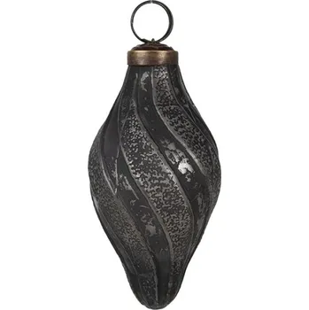 Vánoční ozdoba Černá skleněná vánoční cetka s šedým odřením a pruhy Karlijn – 6x11 cm