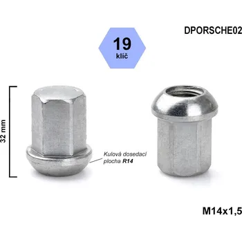Matice na kolo Kolová matice M14x1,5 kulová R14 uzavřená, klíč 19, DPORSCHE02, výška 32 mm