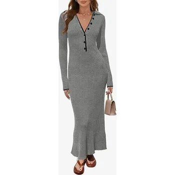 Dámské šaty Dámské svetrové šaty dlouhé s límečkem šedé XL
