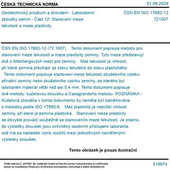 ČSN EN ISO 17892-12 - Geotechnický průzkum a zkoušení - Laboratorní zkoušky zemin - Část 12: Stanovení meze tekutosti a meze plasticity - Tisk
