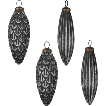 Vánoční ozdoba Set 4 skleněných vánočních cetek šedá ozdoba s proužky ve tvaru diamantu – 7/6 cm