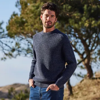 Pánský svetr Blancheporte Pulovr s kulatým výstřihem, hladký úplet s 30 % vlny modrý melír 87/96 (M)