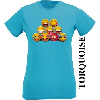 Dívčí tričko damske-levne-bavlnene-tricko-digitalni-potisk-smajlici Barva: Turquoise - tyrkysová, Výstřih: Kulatý výstřih kolem krku, EU dámská velikost: eu 32/34 (dívčí prodloužená 116) viz tabulka velikostí
