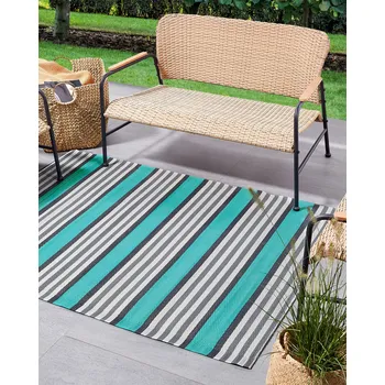 Koberec Venkovní koberec tyrkysový syntetický materiál 120 x 180 cm pruhovaný geometrický vzor moderní minimalistický styl zahradní exteriér Beliani