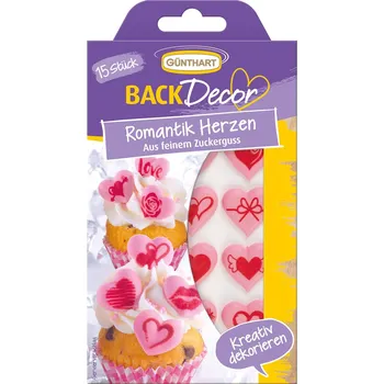 Jedlá dekorace na dort Curkové dekorace na dort 15ks srdce - Gunthart