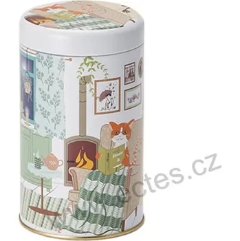 Dóza na potraviny ChaCult OSKAR plechová dóza na čaj 3015 kocour v křesle u krbu a knihovny