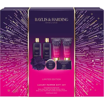 Kosmetická sada Baylis & Harding Moonlight Fig - sada s péčí o tělo, 7 ks velká pečující sada ve svátečním jiskřivém designu s vůní fíku a granátového jablka