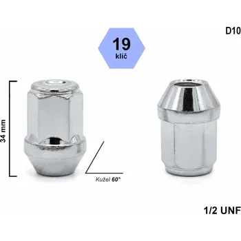 Matice na kolo Kolová matice 1/2" UNF, kužel zavřená, klíč 19mm, D10, výška 34 mm