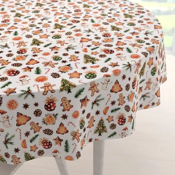 ubrus Vánoční bavlněný kulatý ubrus Sandra SA-516 Vánoční perníčky a ozdoby na bílém Ø 100 cm