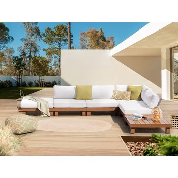 Sedací souprava Zahradní modulární rohová sedací souprava bílé područky světlé dřevo hliníkový rám konferenční stolek Beliani