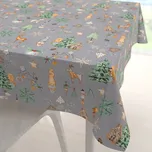 Vánoční bavlněný čtvercový ubrus Sandra SA-509 Vánoční skřítci a ozdoby na šedém 150x150 cm