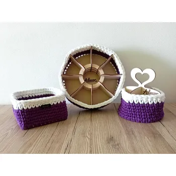 Set košíků na čaje, příborníku a košíku 15x15 cm , bavlna, barva fialovo bílá