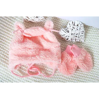 Kojenecká čepice AMÁLKA Chlupatá čepička + rukavičky, lososová Velikost: 56-62