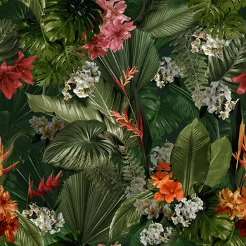 Velurové potahové látky s potiskem. Zelené tropické listy s květiny